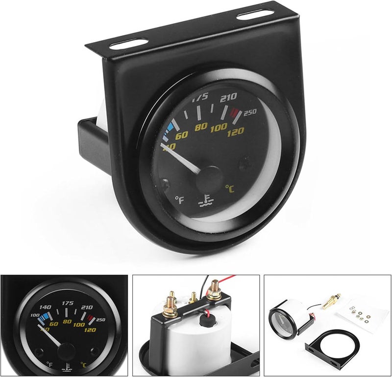 Dyno Racing 2" 52mm Pointer Car Water Temperature Gauge 40-120 Celsius /100-250 Fahrenheit Water Temperature Temp Gauge White Light with 1/8NPT Sensor Car Meter - Image 3